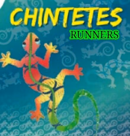 Logotipo de Chintetes Runners con una imagen de una lagartija de colores rojo y amarillo sobre un fondo verde con patrones de lagartijas.