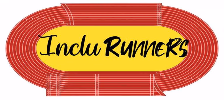 Logotipo de IncluRunners con pista de atletismo roja y fondo amarillo.