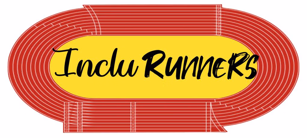 Logotipo de IncluRunners con pista de atletismo roja y fondo amarillo.