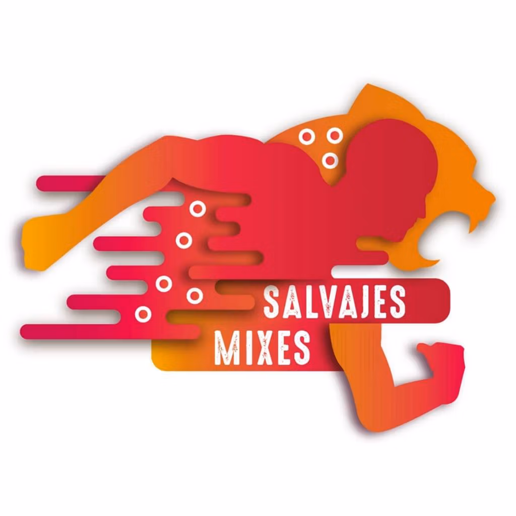 Logotipo de Salvajes Mixes con un corredor estilizado y la silueta de un felino en tonos rojos y naranjas.