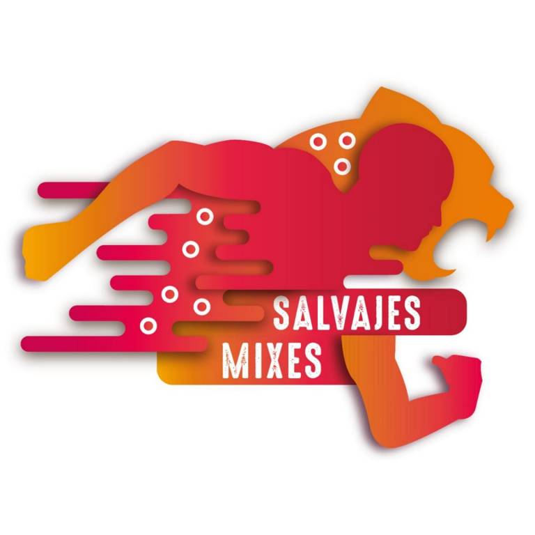 Logotipo de Salvajes Mixes con un corredor estilizado y la silueta de un felino en tonos rojos y naranjas.