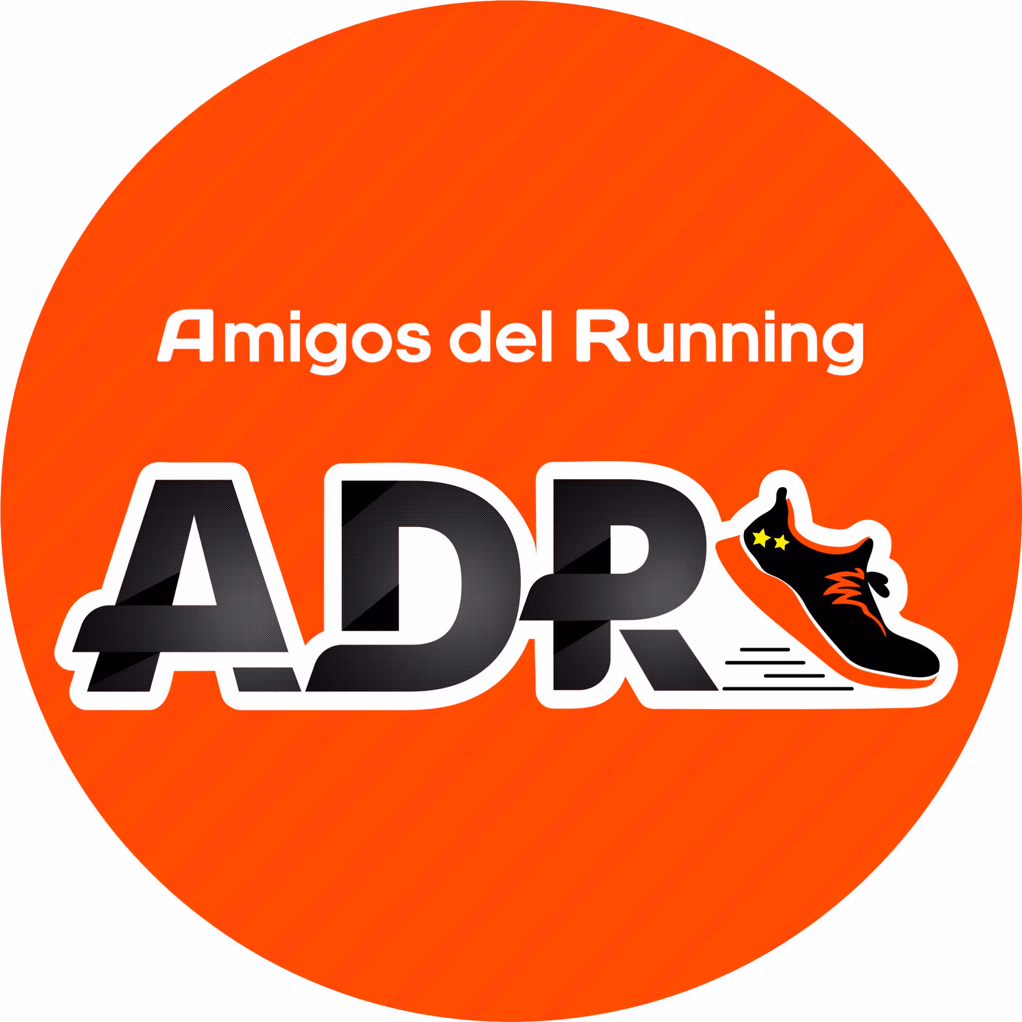 Logotipo de Amigos del Running ADR, con un fondo rojo y la ilustración de un zapato de correr negro con estrellas amarillas.