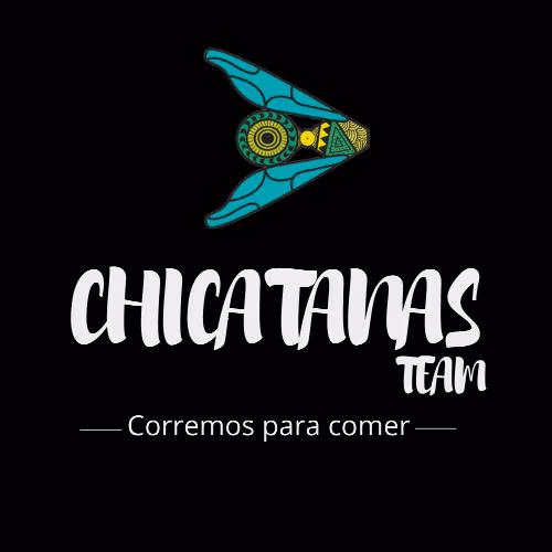 Logotipo del equipo Chicatana sobre fondo negro, con una ilustración de una chicatana en colores verde y amarillo, acompañado del texto "CHICATANAS TEAM" y el lema "Corremos para comer".