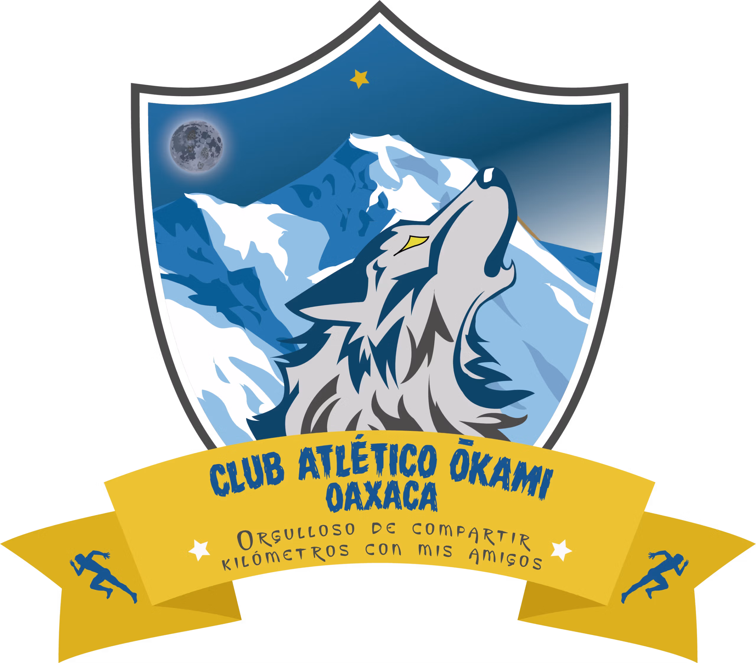 Escudo del Club Atlético Ōkami Oaxaca con la imagen de un lobo aullando frente a montañas nevadas, una luna llena y una estrella, acompañado del lema "Orgulloso de compartir kilómetros con mis amigos".