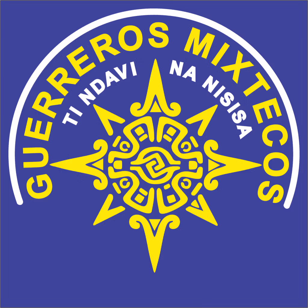Logotipo de Guerreros Mixtecos en color amarillo sobre un fondo azul, con una estrella estilizada en el centro y texto en mixteco que dice "TI NDAVI NA NISISA".