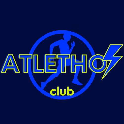 Logotipo de Athletos Club, con figura de corredor y rayo en colores azul y verde sobre fondo oscuro.