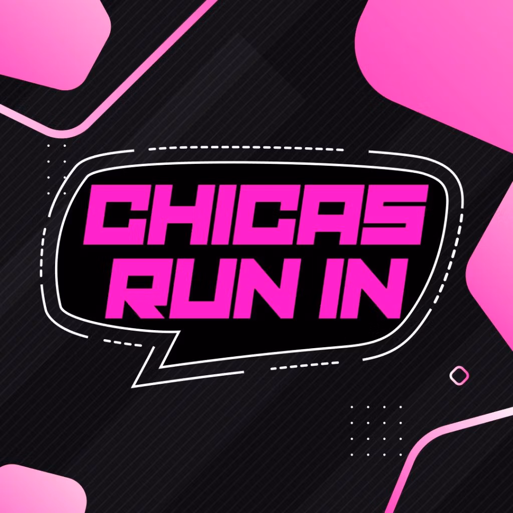 Logotipo del evento Chicas Run In, con letras rosadas sobre fondo negro y detalles en rosa.