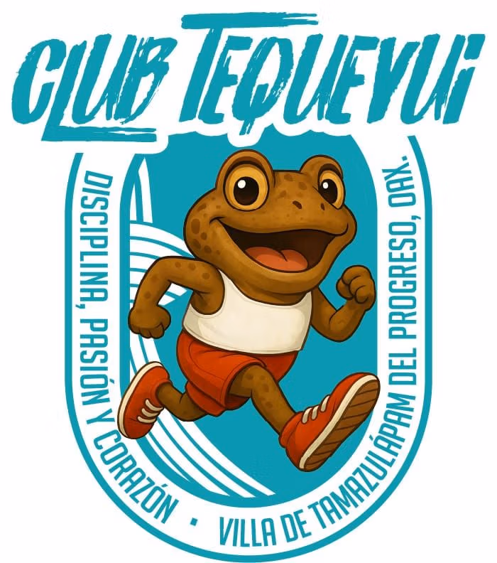Logo del Club Tequehui con una rana caricaturizada corriendo, texto circular “Disciplina, pasión, corazón” y “Villa de Tamazulápam del Progreso, Oax.”