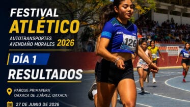 Atletas compiten en la pista de Parque Primavera durante el Día 1 del Festival Atlético Autotransportes Avendaño Morales 2026 en Oaxaca.