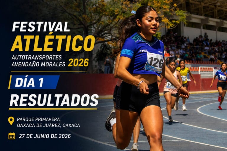 Atletas compiten en la pista de Parque Primavera durante el Día 1 del Festival Atlético Autotransportes Avendaño Morales 2026 en Oaxaca.