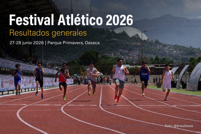 Atletas compiten en la pista de Parque Primavera durante el Festival Atlético Autotransportes Avendaño Morales 2026 en Oaxaca.