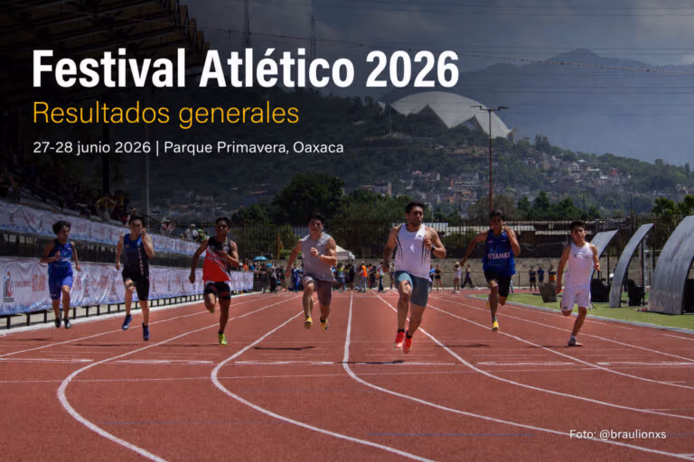Atletas compiten en la pista de Parque Primavera durante el Festival Atlético Autotransportes Avendaño Morales 2026 en Oaxaca.
